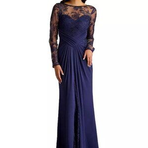 Tadashi Shoji Notte Blue Floral Embroidery Long Sleeve Gown